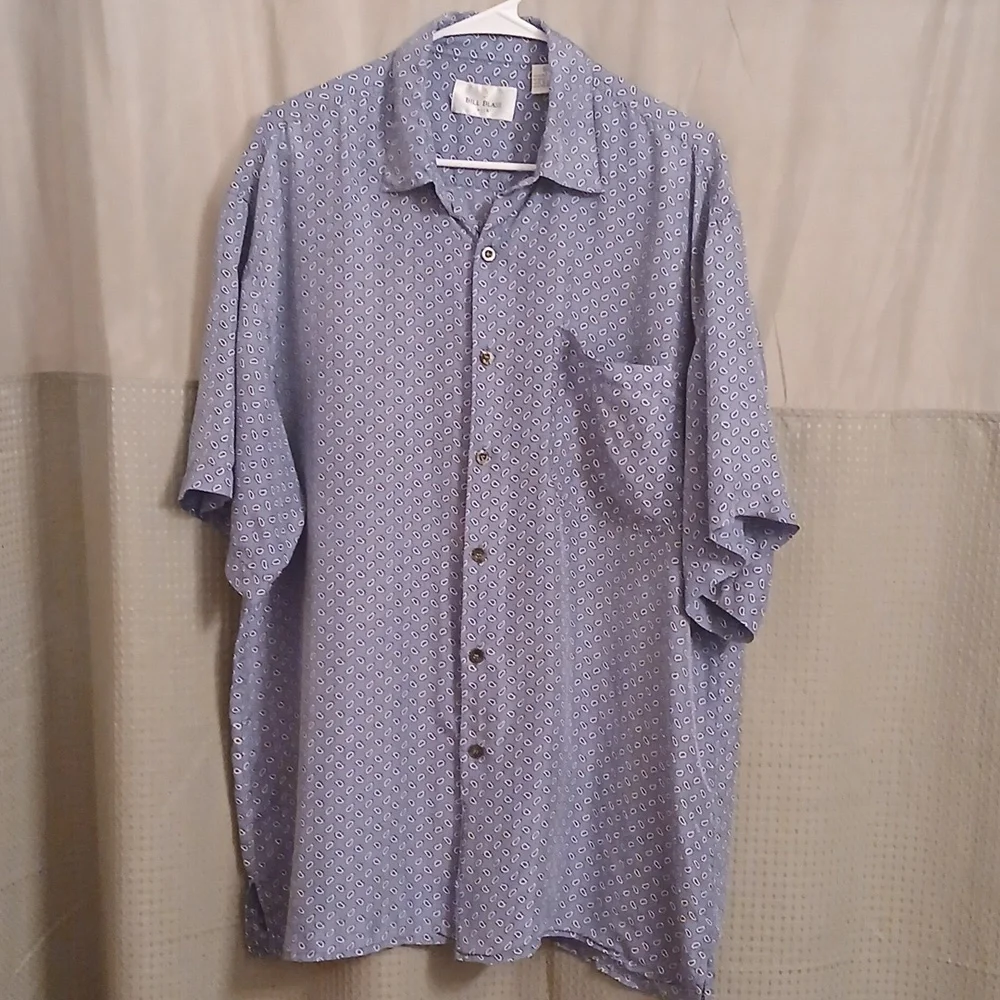 Bill Blass XL Silk Button Short Sleeve Shirt Light Blue Vintage EUC
